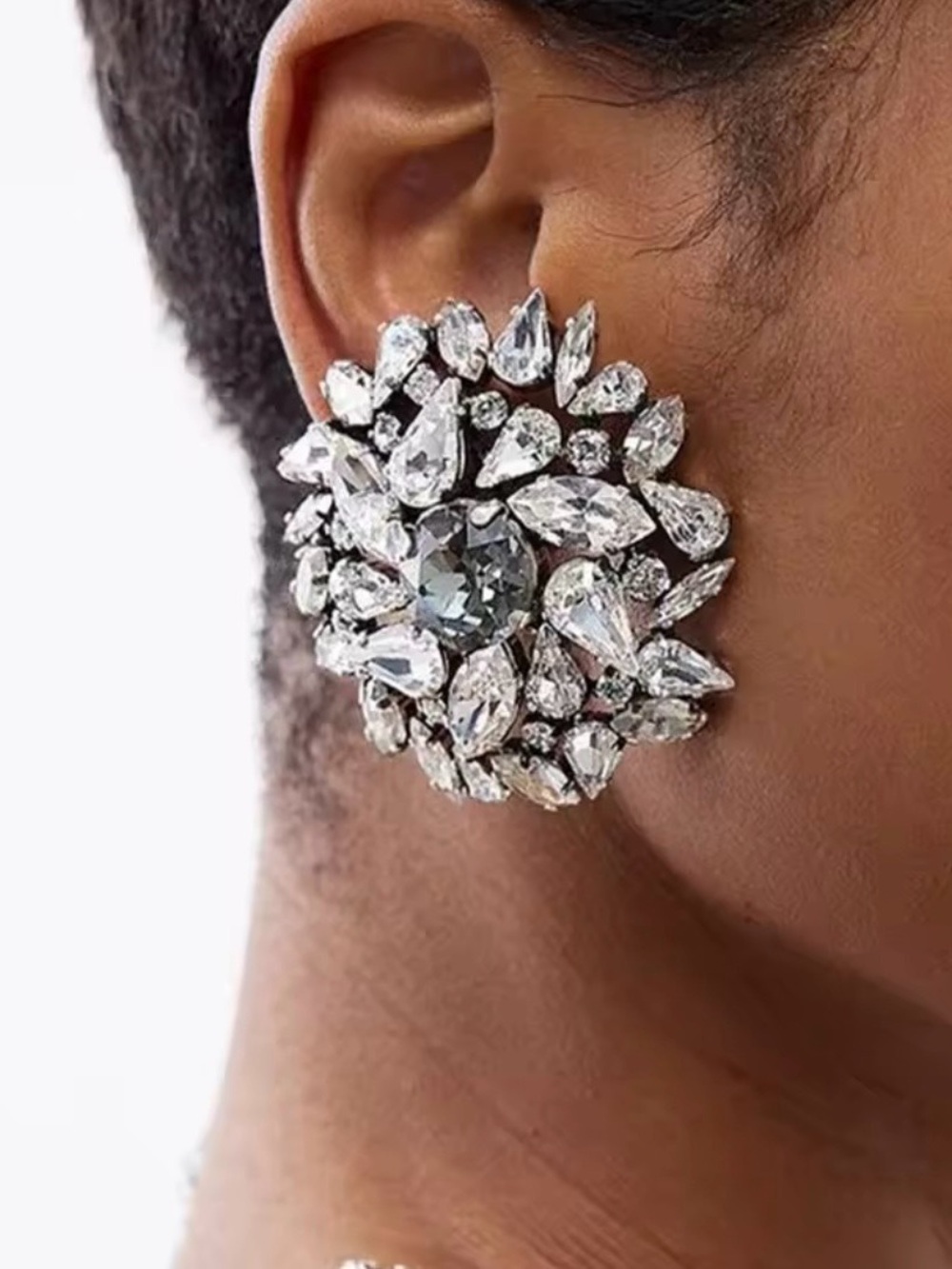 Crystal Cluster Statement Earrings - Silver-Tone